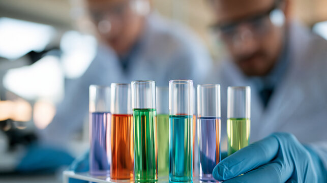 Test tubes with colorful liquids sit in lab as faceless scientists work in background on research project during day, defocused daytime scientific activity, with copy space