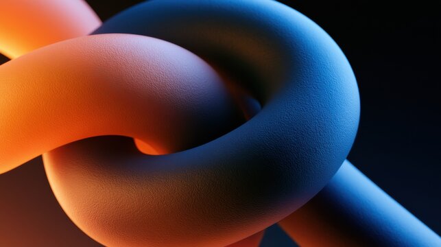 A knot formed from warm and cool streams intertwines in a minimal style against a dark backdrop. The design focuses on simple shapes and colors.