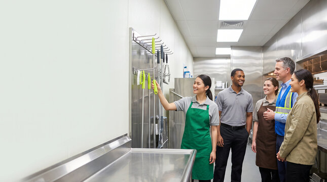 Cohort debriefs sanitation tools after kitchen practicum