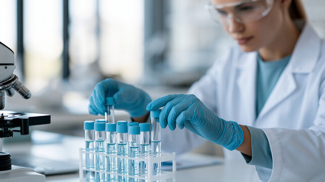 Female faceless scientist sitting at lab desk organizing test tubes with samples in modern bright laboratory, defocused specimen management, systematic sample organization, with
