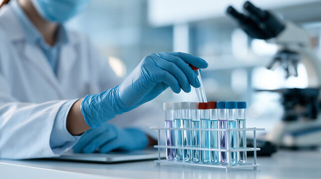 Female faceless scientist sitting at lab desk organizing test tubes with samples in modern bright laboratory, defocused specimen management, systematic sample organization, with