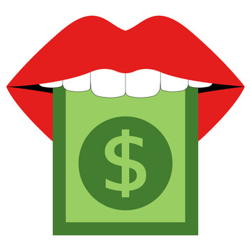 red mouth and white teeth icon sticking out tongue with dollar banknote.