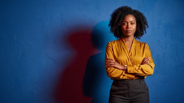 Confident woman framed by red and blue shadows