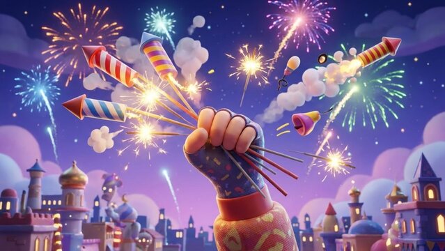 3D Rendered Cartoon Clenched Fist Holding Fireworks and Sparklers Over a Colorful Toy City and Night Sky with Pyrotechnic Displays and Cloud Confetti.