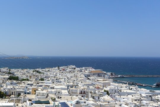 Mykonos town panorama overlooking Aegean Sea