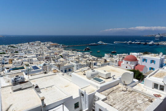 Mykonos island town and harbor aerial view