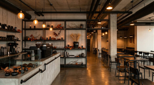 Interior of industrial style coffee shop decorated for Halloween. Modern cafe with concrete walls, metal shelving and warm lighting. Seasonal autumn holiday theme in bistro.