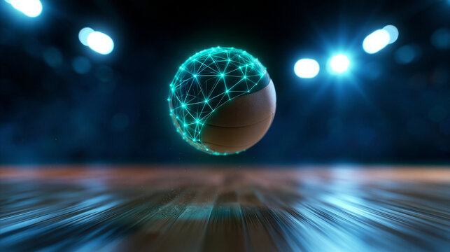 Glowing Blue Wireframe Basketball Hovering Above a Polished Court Under Stadium Lights