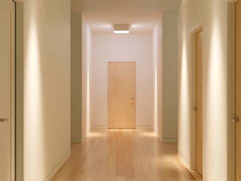 A long, bright hallway with wooden floors and multiple doors leading off it. Soft lights illuminate the walls and ceiling, creating a warm and inviting atmosphere