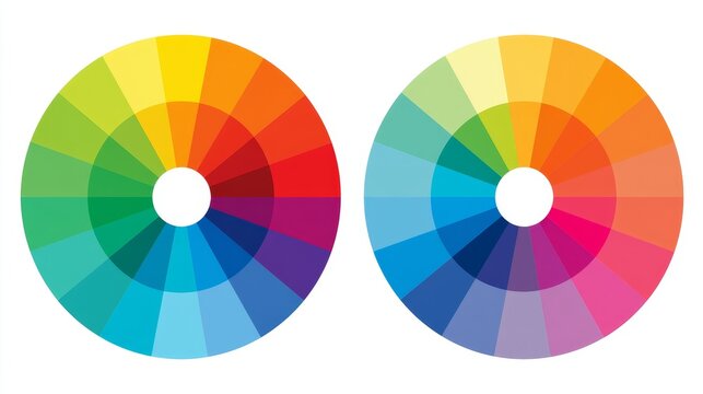 Two color wheels showing harmonious color combinations and shades, featuring vibrant segmented palettes, complementary tones, analogous colors, and smooth color transitions.