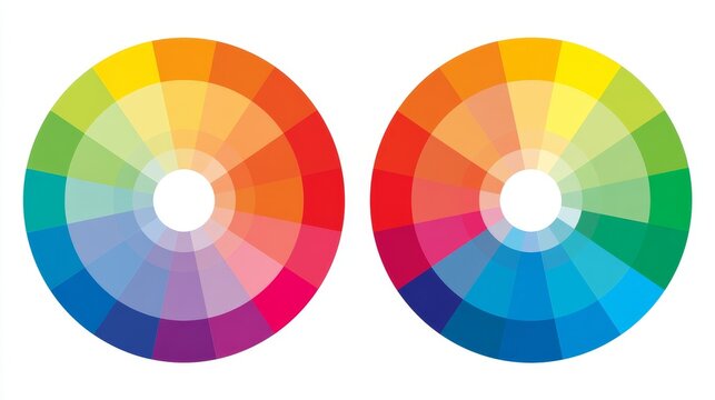 Two color wheels showing harmonious color combinations and shades, featuring vibrant segmented palettes, complementary tones, analogous colors, and smooth color transitions.