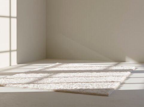 A textured rug lies on a sunlit floor, casting long shadows from a window. The room's warm lighting creates a serene and minimalist ambiance