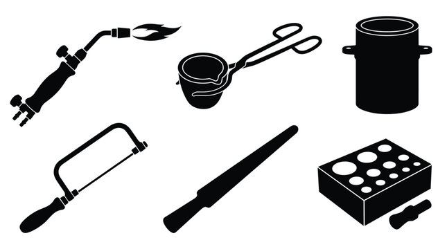 Set of black silhouettes of jewelry making tools including a blowtorch, crucible, tongs, saw, ring mandrel, and a dapping block set