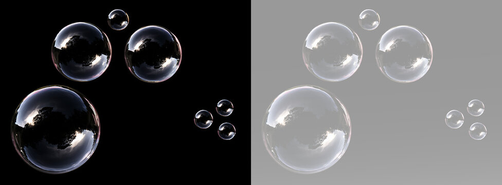 Floating soap bubbles with transparent surface and rainbow light shine overlay