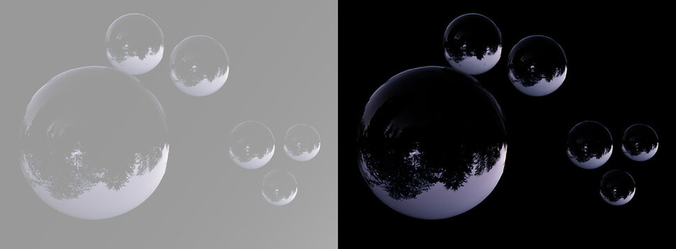 Realistic clear bubbles with glossy reflections floating in open space