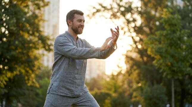 Senior East Asian Man Practicing Tai Chi in Sunlit Park at Sunrise