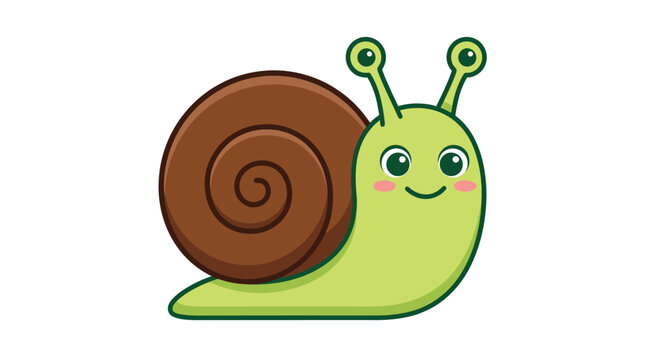 Cute lime green cartoon snail with dark brown spiral shell features adorable big expressive black eyes