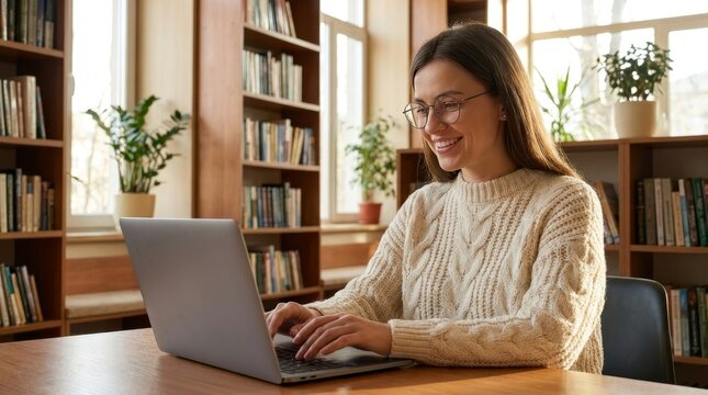Female Student with Glasses Studying on Laptop in Modern Library