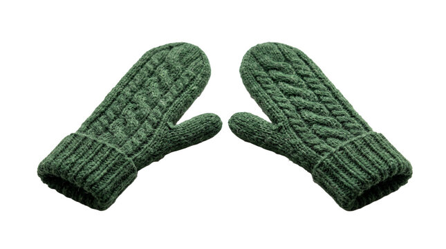 Pair of Green Cable Knit Wool Mittens with Ribbed Cuffs PNG Isolated on transparent background