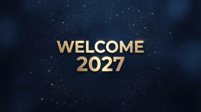 Elegant cosmic welcome banner celebrating new year 2027 with glowing stars background with showcases sleek futuristic cosmic backdrop twinkling