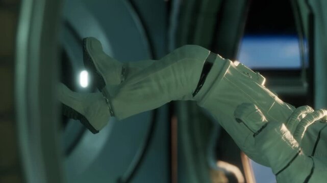 An astronaut is extending their arm while floating inside a space station. The lights in the background create a bright contrast with the dark space outside.