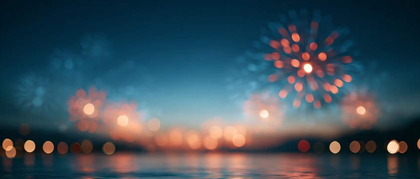 Night sky lit by colorful fireworks reflected in calm water