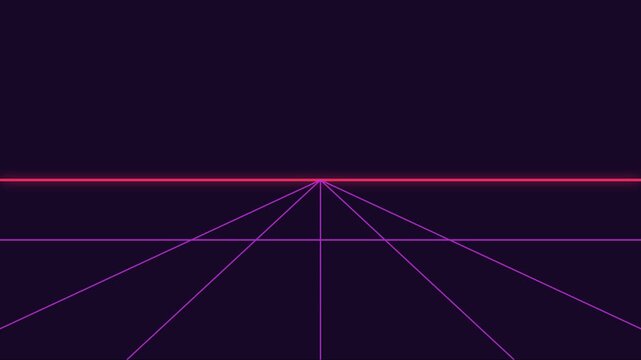 Retro synthwave grid animation 4k background, with glowing neon, horizon line in, purple and pink aesthetic