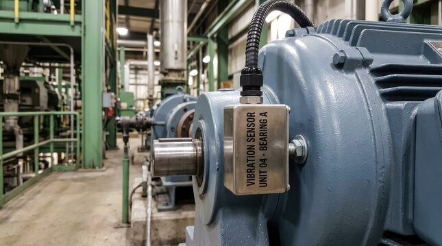 Industrial electric motor with attached vibration sensor unit in manufacturing facility with well lit manufacturing processing plant visible machinery piping infrastructure