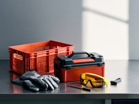 A collection of tools and equipment arranged neatly on a surface. Includes a red plastic crate, a toolbox, safety glasses, gloves, and a screwdriver