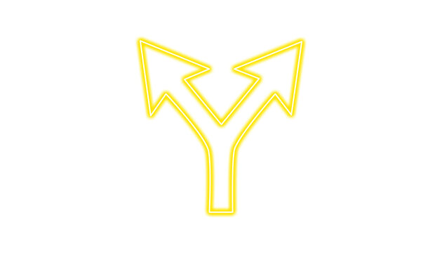 Glowing yellow split arrow icon isolated on transparent background