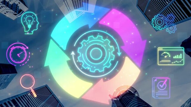 Modern Business Process Management Concept with Abstract Gear and Circle Icons in Urban Landscape Featuring Diverse Technology Symbols Sigmoid