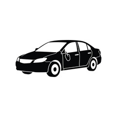 Naklejka premium Black silhouette of a sedan car with a broken side mirror isolated on white background.