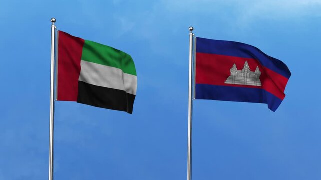 United Arab Emirates  and Cambodia Waving Flags, 3D Illustration.
