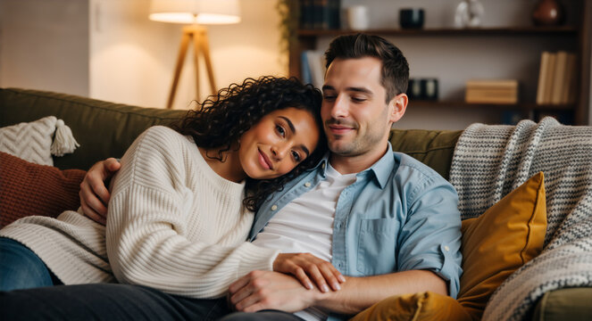 Happy young couple cuddling on a green sofa at home. Smiling woman with curly hair leaning on her boyfriend shoulder. Romantic relationship concept