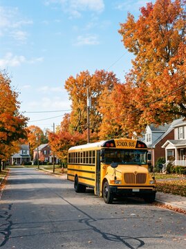 School Bus with Route Number on Fall Street