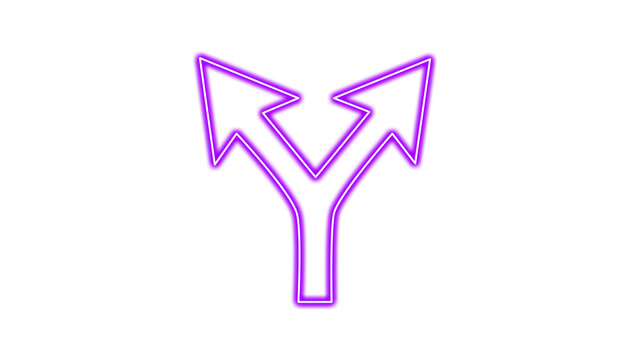 Glowing purple forking arrow sign isolated on transparent background