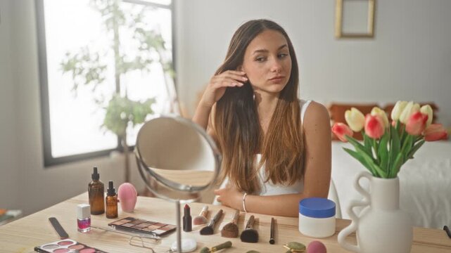 Woman touching cheek with hand at studio vanity mirror surrounded by makeup brushes, cream jar and tulips; serenity.