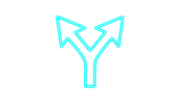 Neon blue split arrow sign isolated on transparent background