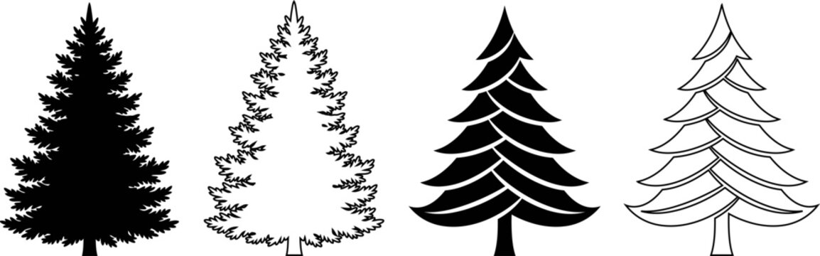 Collection of various pine tree silhouettes and outlines