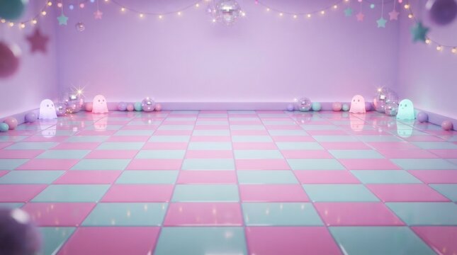 Pastel disco Halloween dance floor with checkered tile and mirror ball light. Cute ghost, pumpkin and bat decoration with star glow. Festive party background for celebration invitation card