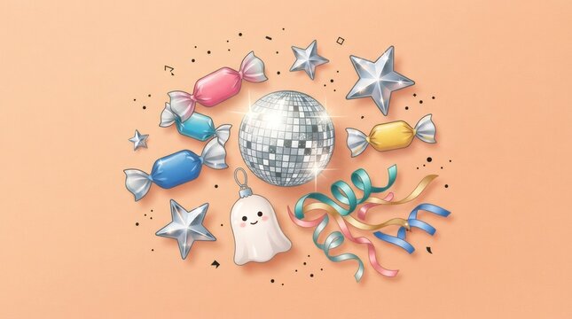 Cute pastel disco ball with smiling ghost, candy and silver star on peach background. Pastel Halloween party and trick or treat celebration concept for invitation and decoration