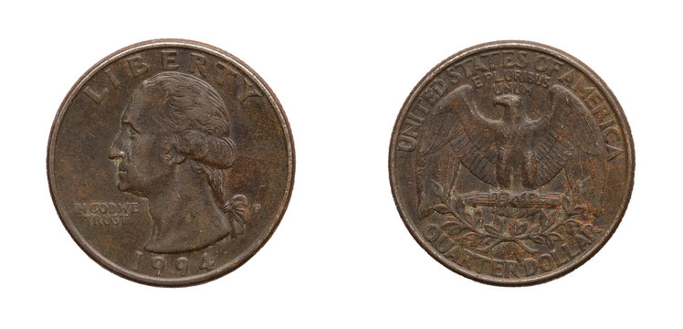 Quarter Dollar coin 1994. png isolated on transparent background.