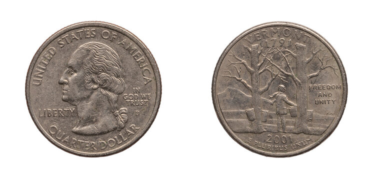 Quarter Dollar coin 2001. png isolated on transparent background.