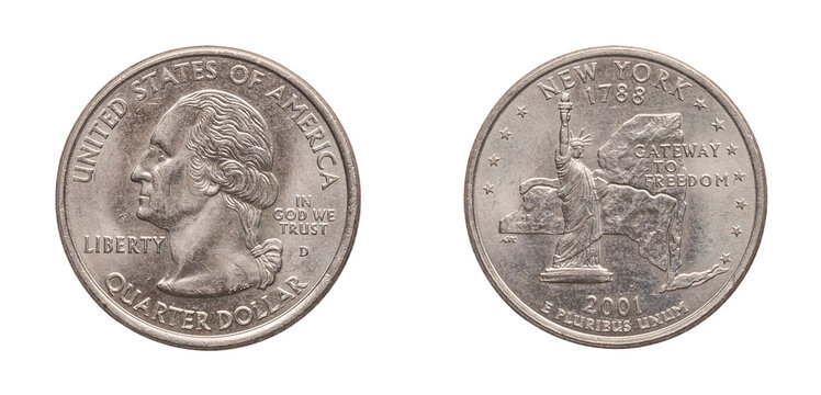 Quarter Dollar coin 2001. png isolated on transparent background.