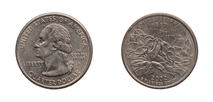 Quarter Dollar coin 2002. png isolated on transparent background.