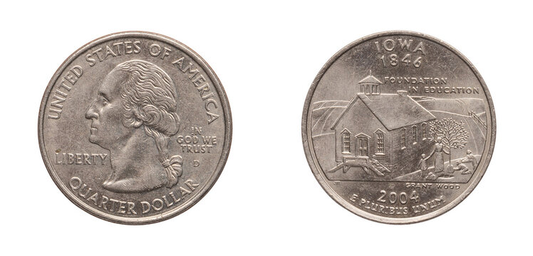 Quarter Dollar coin 2004. png isolated on transparent background.