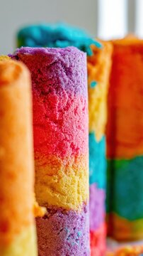 Kinetic sand cylinder is being sliced to show layers of bright colors. Each cut reveals a new vibrant layer of sand.