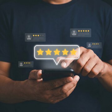 Customer giving five star rating and positive review on smartphone screen feedback system