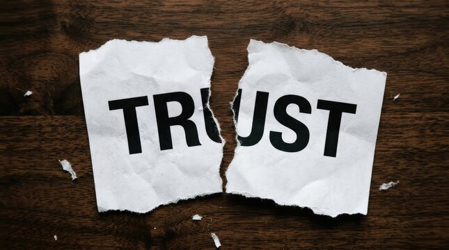 Broken paper with two torn pieces paper word TRUST split apart resting dark wooden surface under warm warm directional lighting close up disconnection