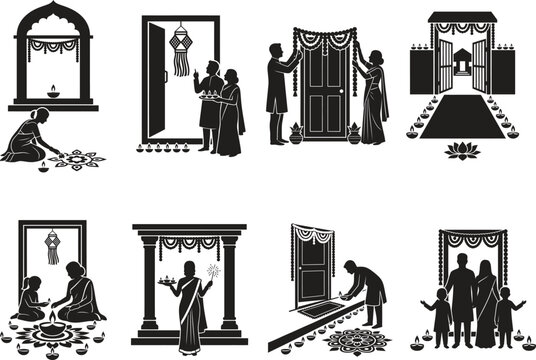 A collection of black and white diwali silhouette illustrations depicting traditional indian festival celebrations and cultural rituals for design